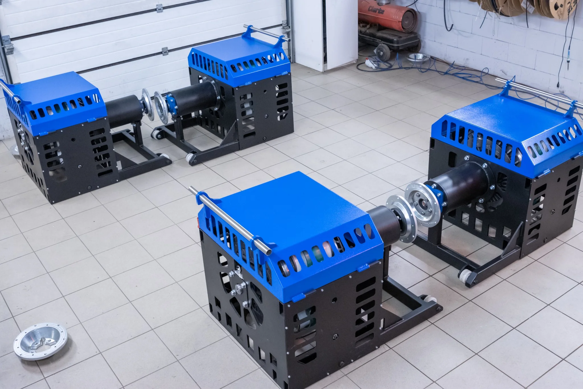Pair of Kamuto Productions hub dyno units prepared for vehicle connection